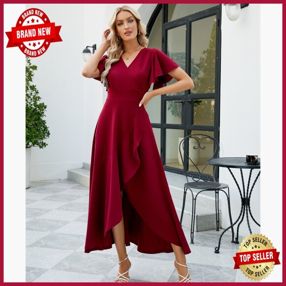 Formal Maxi Dress with V-Neck Wrap Waist Ruffle Sleeves for Evening Party - Picture 7 of 7